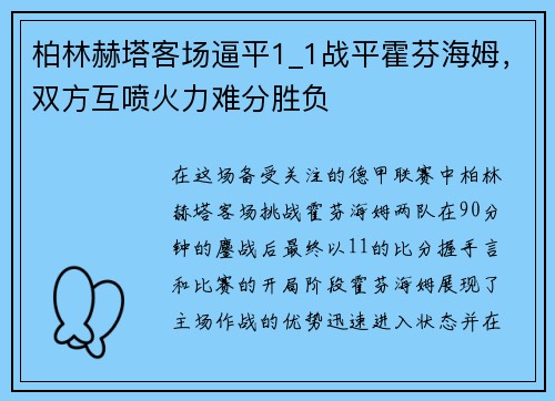 柏林赫塔客场逼平1_1战平霍芬海姆，双方互喷火力难分胜负