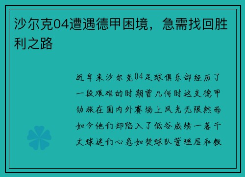 沙尔克04遭遇德甲困境，急需找回胜利之路